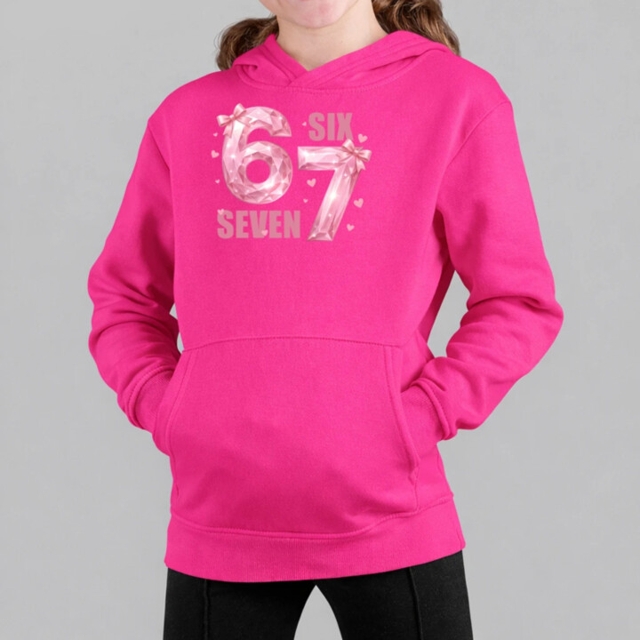 Six seven - 67 - ružová verzia - detská mikina s kapucňou