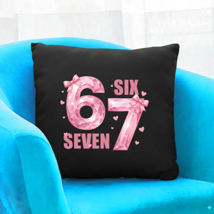 Six seven - 67 - ružová verzia - čierny vankúš s potlačou
