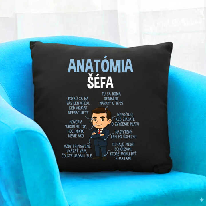 Anatómia šéfa - čierny vankúš s potlačou