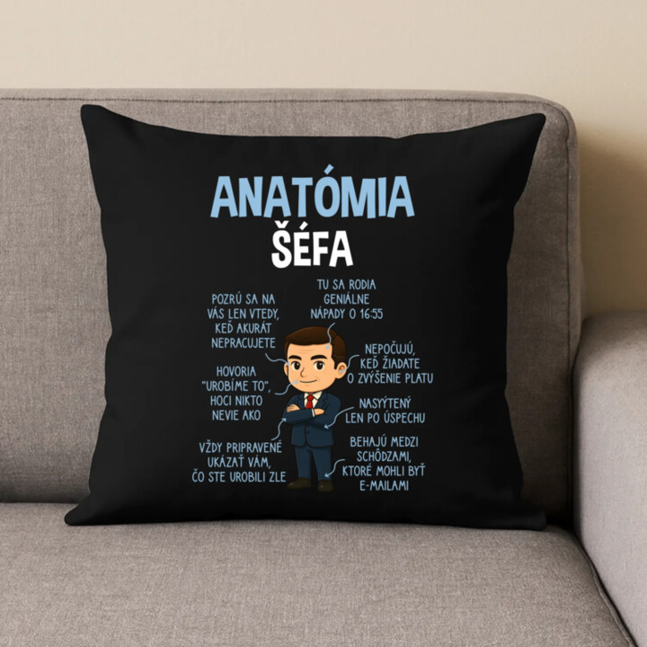 Anatómia šéfa - čierny vankúš s potlačou