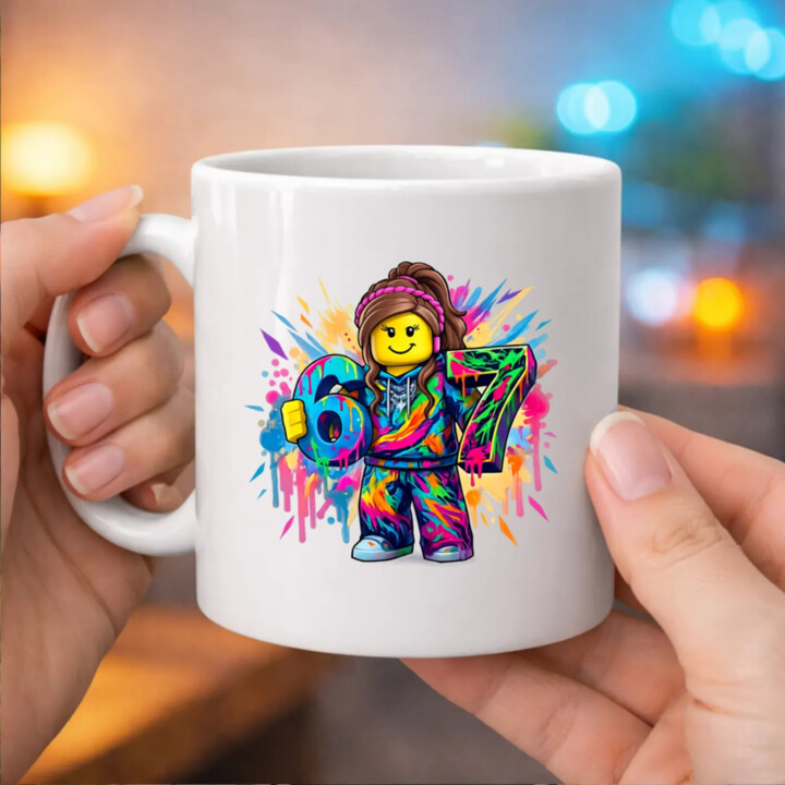 Farebný six seven - 67 -verzia pre dievčatá - pre fanúšikov hry Roblox - keramický hrnček s potlačou