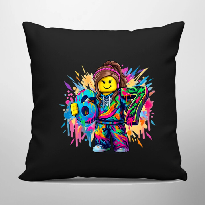 Farebný six seven - 67 -verzia pre dievčatá - pre fanúšikov hry Roblox - čierny vankúš s potlačou