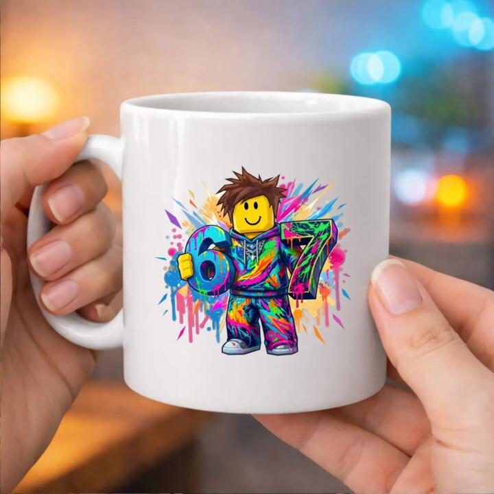 Farebný six seven - 67 - pre fanúšikov hry Roblox - keramický hrnček s potlačou