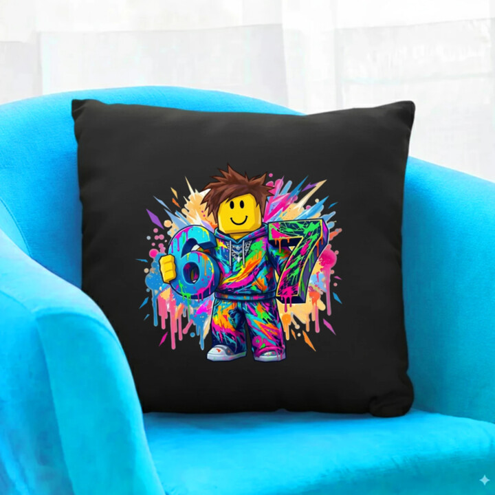 Farebný six seven - 67 - pre fanúšikov hry Roblox - čierny vankúš s potlačou