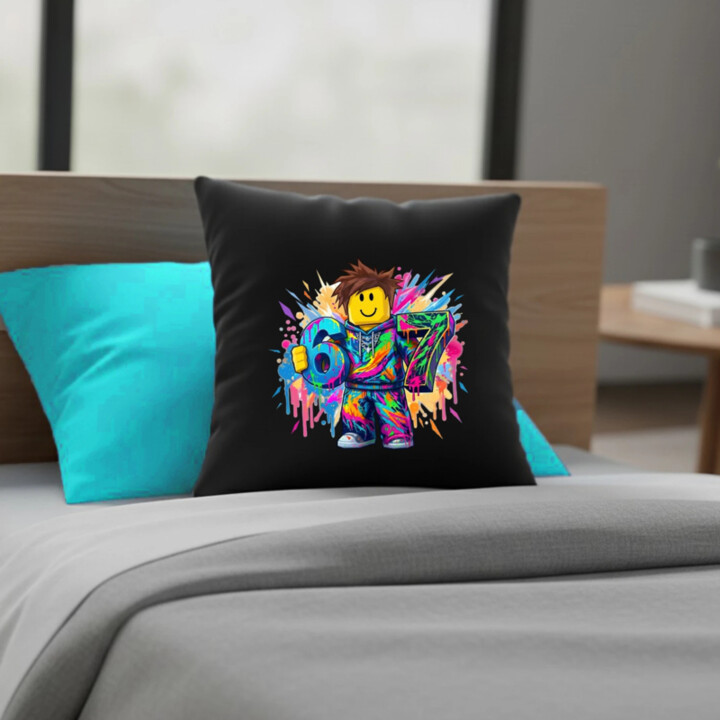 Farebný six seven - 67 - pre fanúšikov hry Roblox - čierny vankúš s potlačou