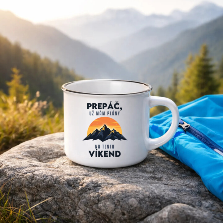 Prepáč, už mám plány na tento víkend - hory  - smaltovaný hrnček s potlačou