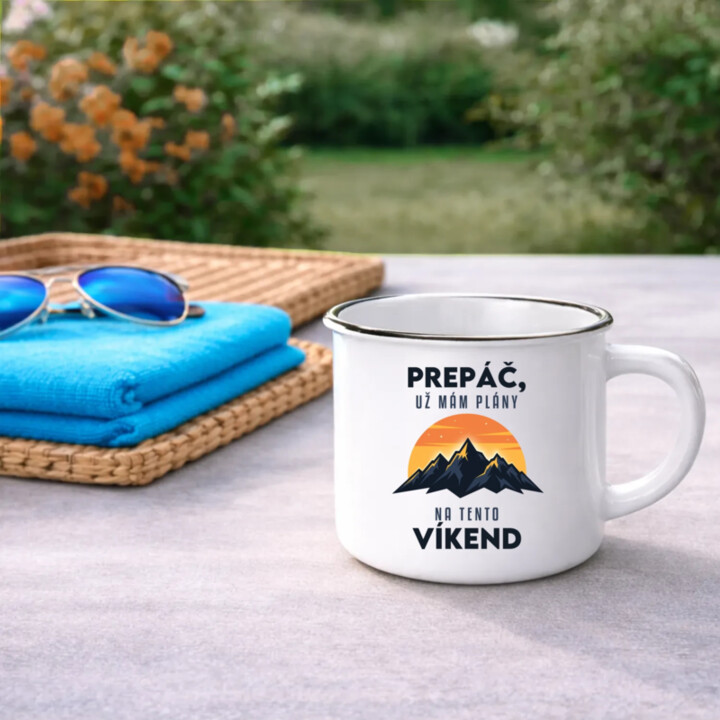 Prepáč, už mám plány na tento víkend - hory  - smaltovaný hrnček s potlačou