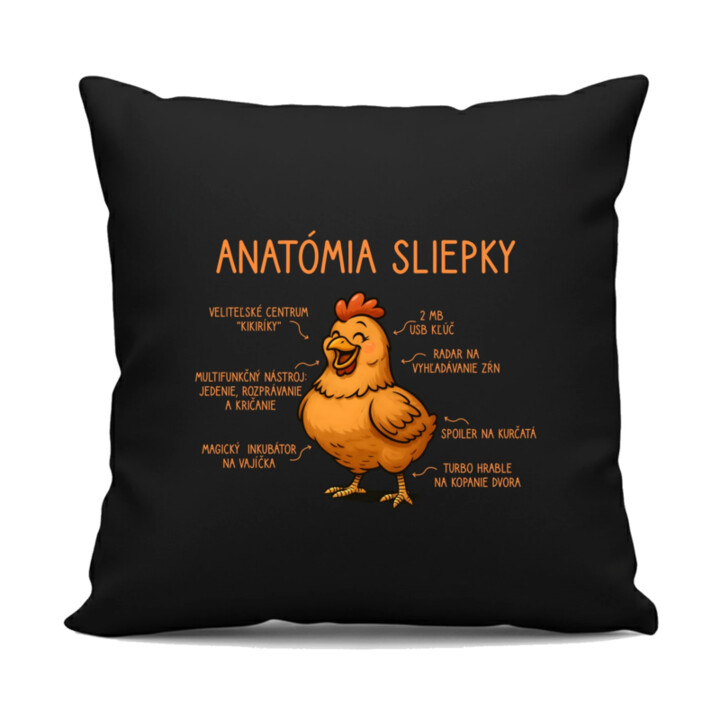 Anatómia sliepky - čierny vankúš s potlačou