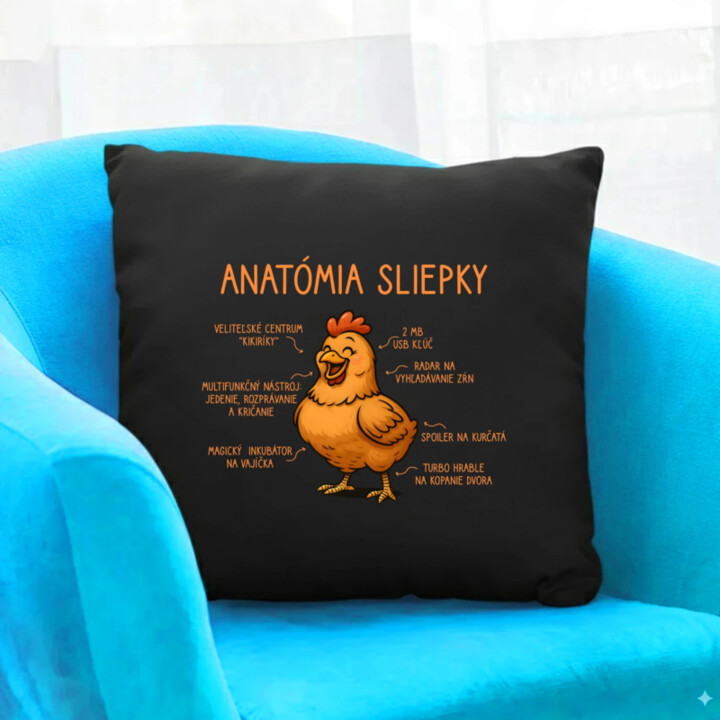Anatómia sliepky - čierny vankúš s potlačou
