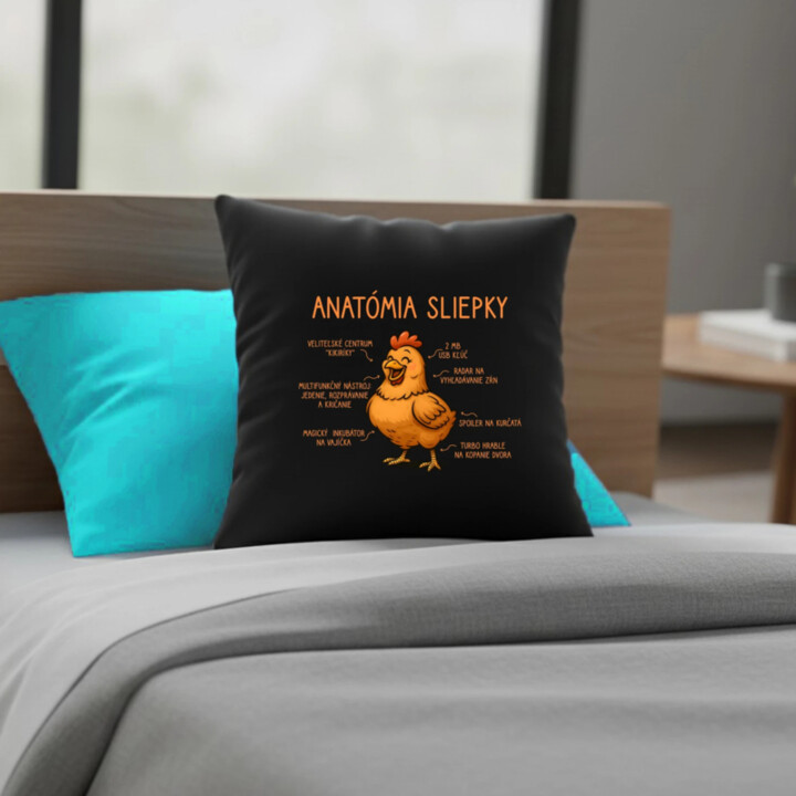 Anatómia sliepky - čierny vankúš s potlačou