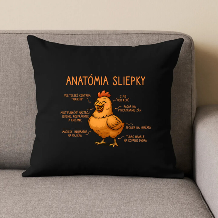 Anatómia sliepky - čierny vankúš s potlačou