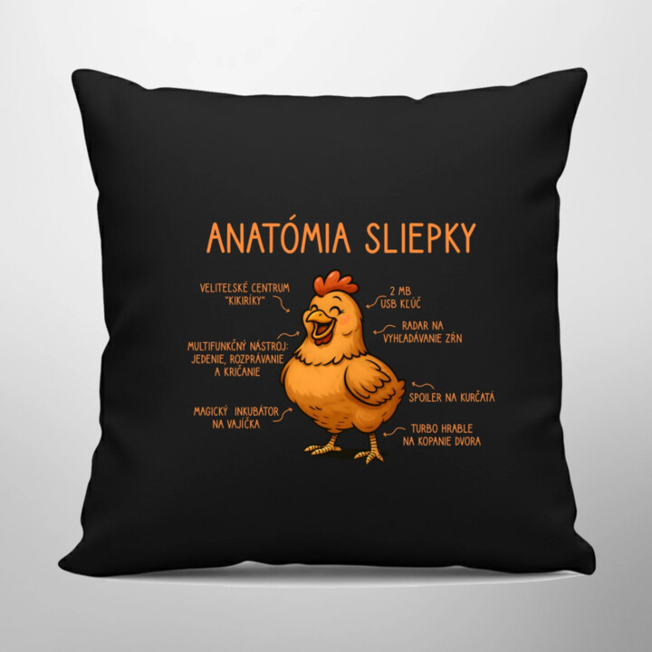 Anatómia sliepky - čierny vankúš s potlačou