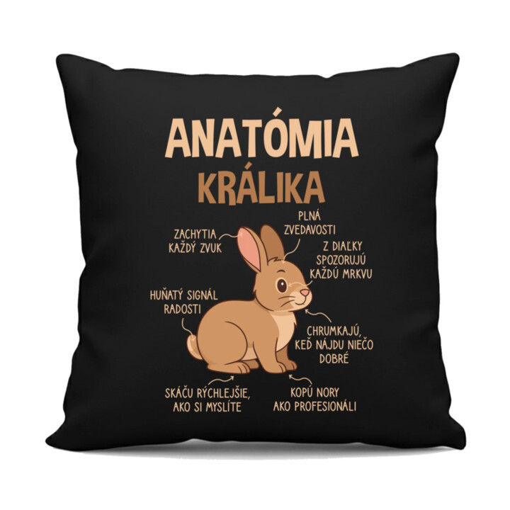 Anatómia králika - čierny vankúš s potlačou