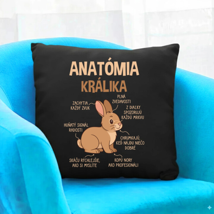 Anatómia králika - čierny vankúš s potlačou