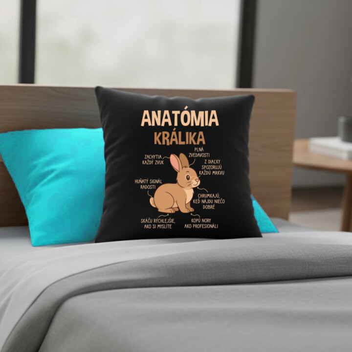 Anatómia králika - čierny vankúš s potlačou