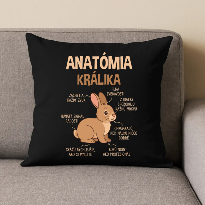 Anatómia králika - čierny vankúš s potlačou
