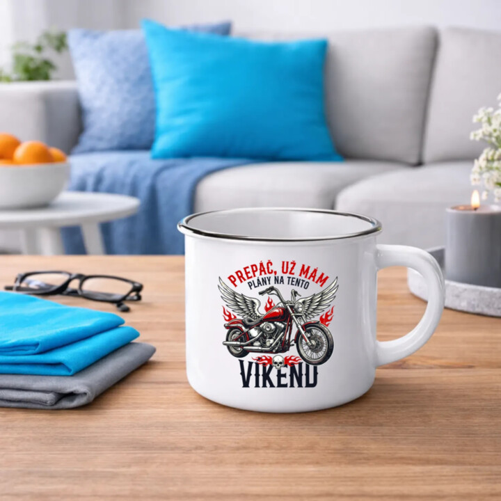 Už mám plány na tento víkend - motorka  - smaltovaný hrnček s potlačou