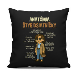 Anatómia štyridsiatníčky - čierny vankúš s potlačou