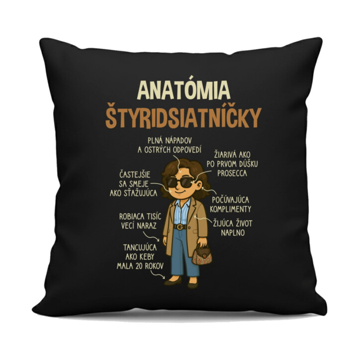 Anatómia štyridsiatníčky - čierny vankúš s potlačou
