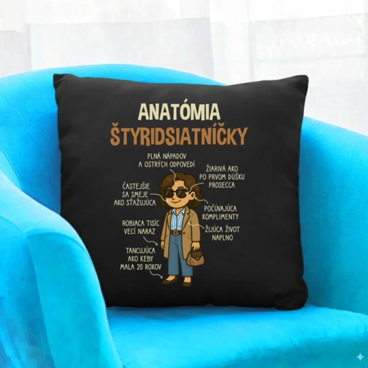 Anatómia štyridsiatníčky - čierny vankúš s potlačou