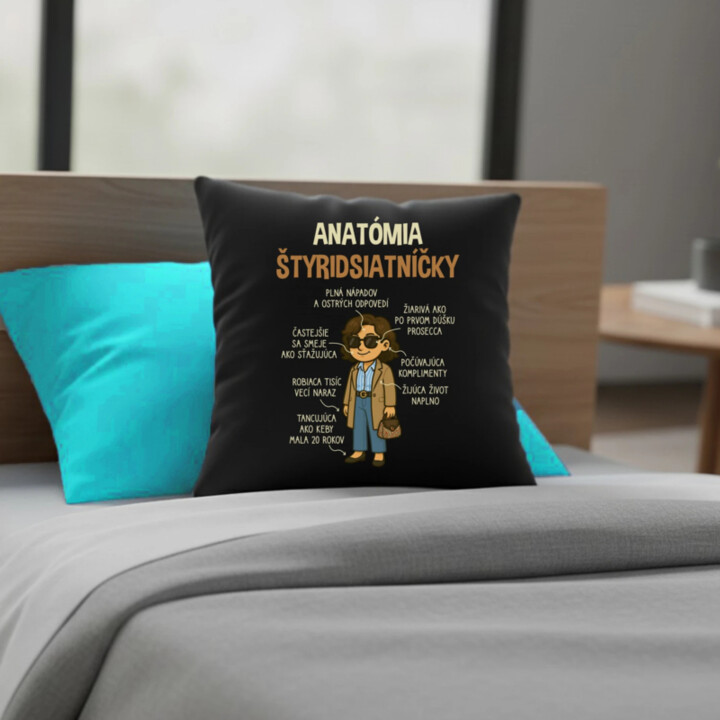 Anatómia štyridsiatníčky - čierny vankúš s potlačou