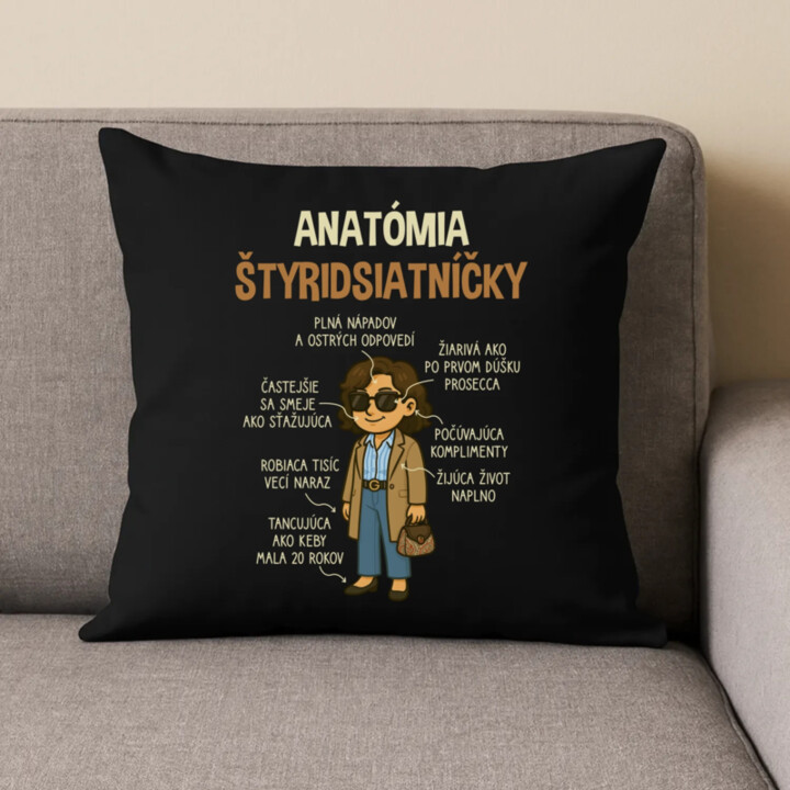 Anatómia štyridsiatníčky - čierny vankúš s potlačou