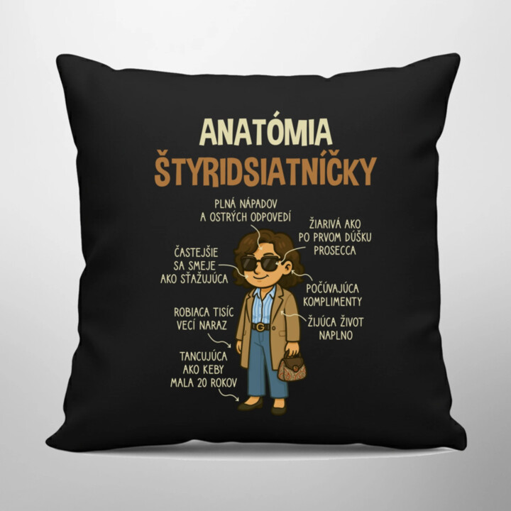 Anatómia štyridsiatníčky - čierny vankúš s potlačou