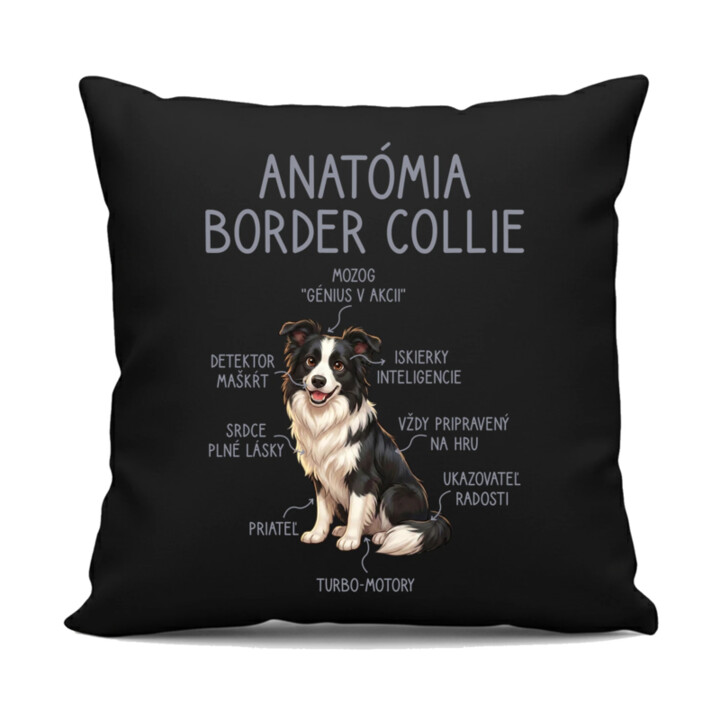 Anatómia border collie - čierny vankúš s potlačou