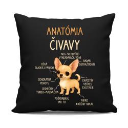 Anatómia čivavy - čierny vankúš s potlačou