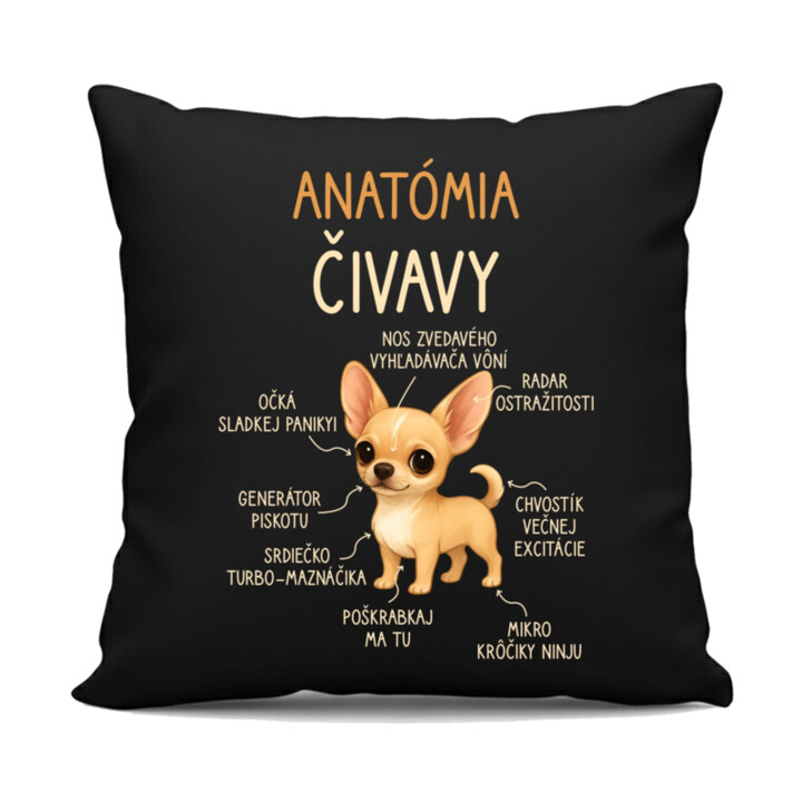 Anatómia čivavy - čierny vankúš s potlačou