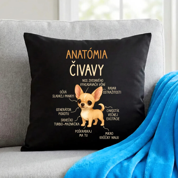 Anatómia čivavy - čierny vankúš s potlačou