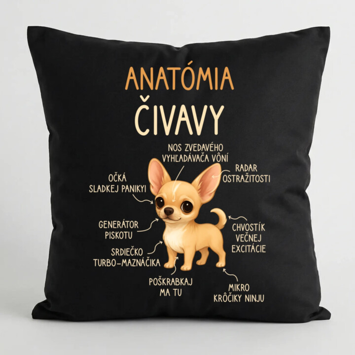 Anatómia čivavy - čierny vankúš s potlačou