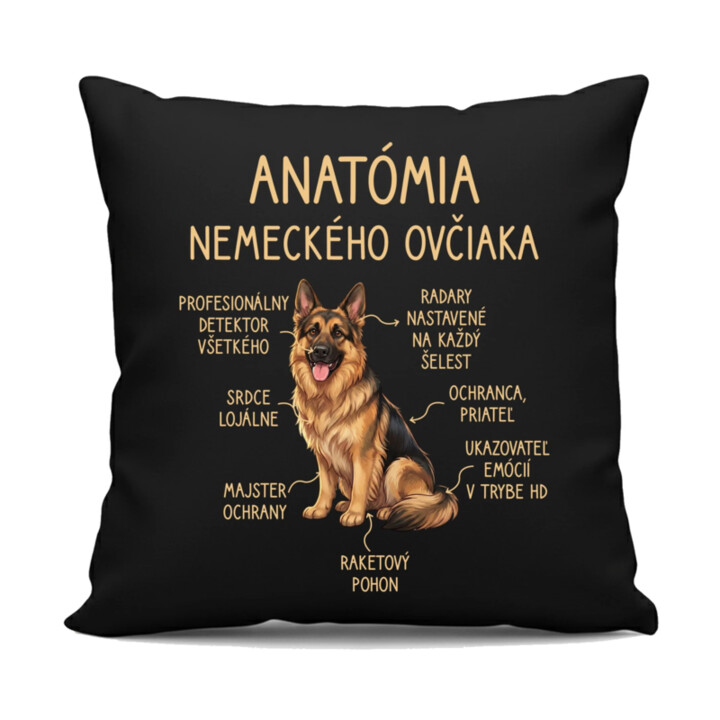 Anatómia nemeckého ovčiaka v2 - čierny vankúš s potlačou
