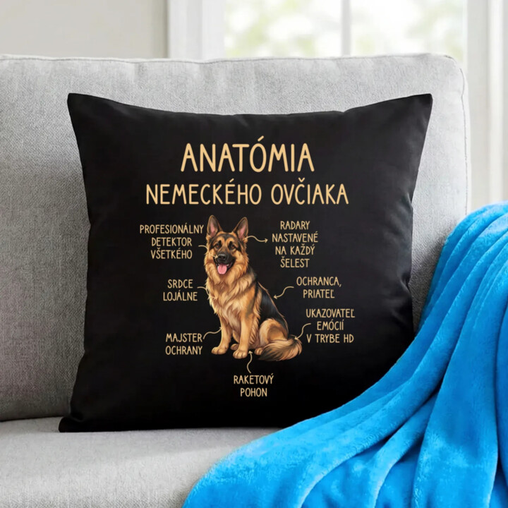 Anatómia nemeckého ovčiaka v2 - čierny vankúš s potlačou