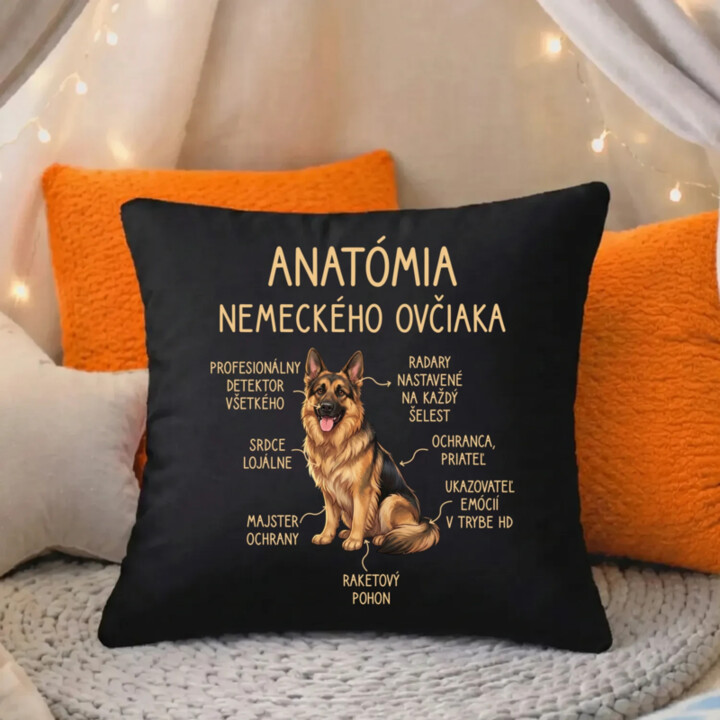 Anatómia nemeckého ovčiaka v2 - čierny vankúš s potlačou