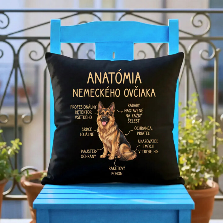 Anatómia nemeckého ovčiaka v2 - čierny vankúš s potlačou