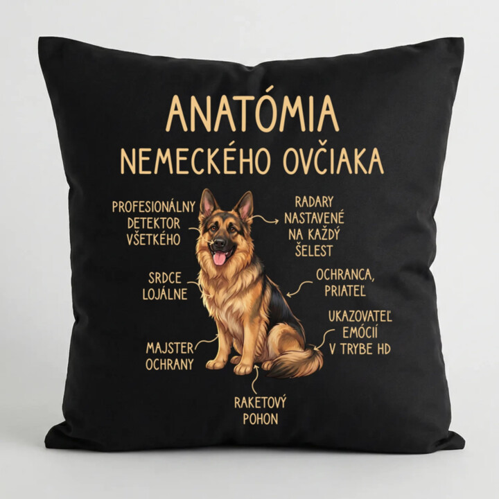 Anatómia nemeckého ovčiaka v2 - čierny vankúš s potlačou