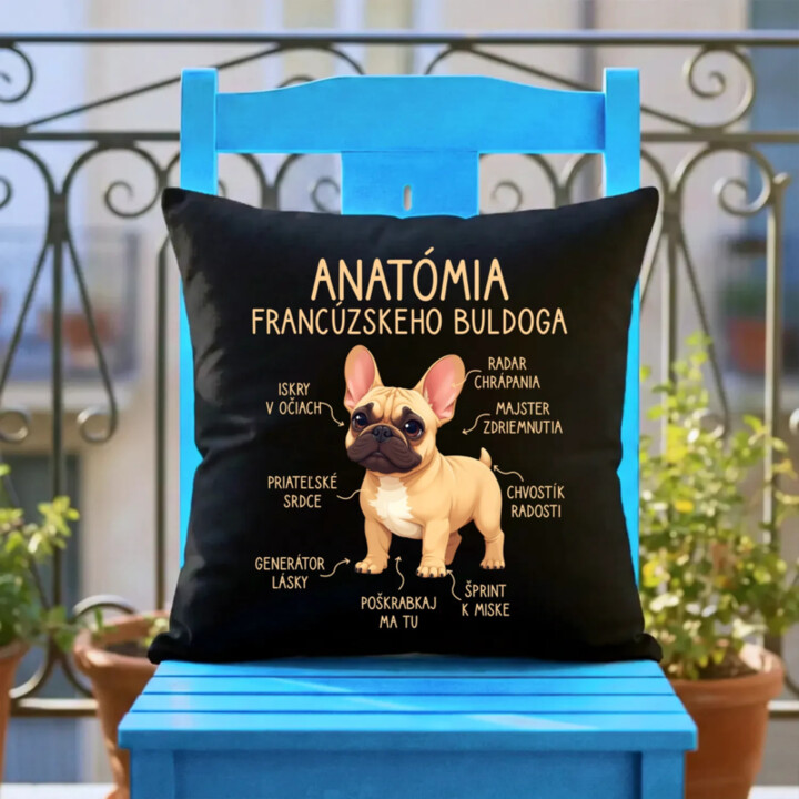Anatómia francúzskeho buldoga - svetlohnedý - čierny vankúš s potlačou