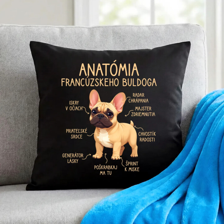 Anatómia francúzskeho buldoga - svetlohnedý - čierny vankúš s potlačou