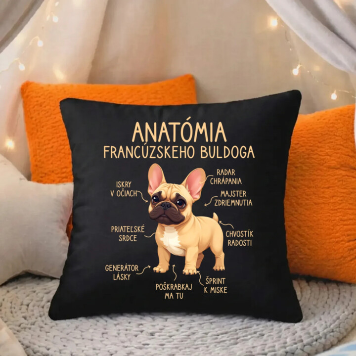 Anatómia francúzskeho buldoga - svetlohnedý - čierny vankúš s potlačou