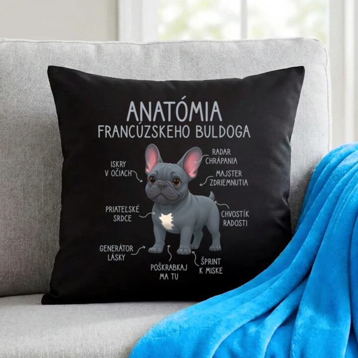 Anatómia francúzskeho buldoga - čierny vankúš s potlačou