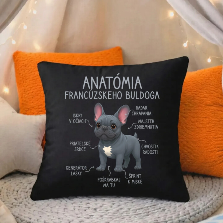 Anatómia francúzskeho buldoga - čierny vankúš s potlačou