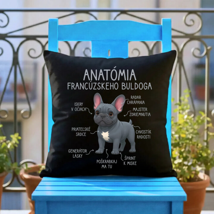 Anatómia francúzskeho buldoga - čierny vankúš s potlačou