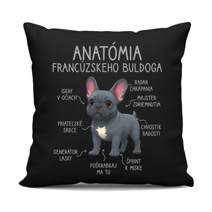 Anatómia francúzskeho buldoga - čierny vankúš s potlačou