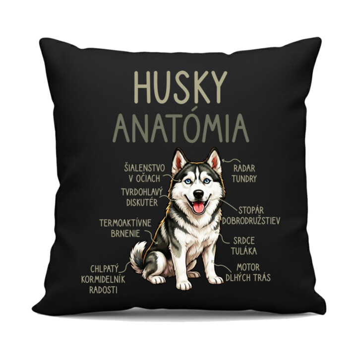 Husky anatómia - čierny vankúš s potlačou