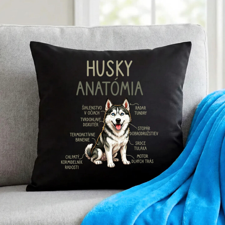 Husky anatómia - čierny vankúš s potlačou