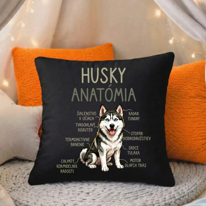 Husky anatómia - čierny vankúš s potlačou