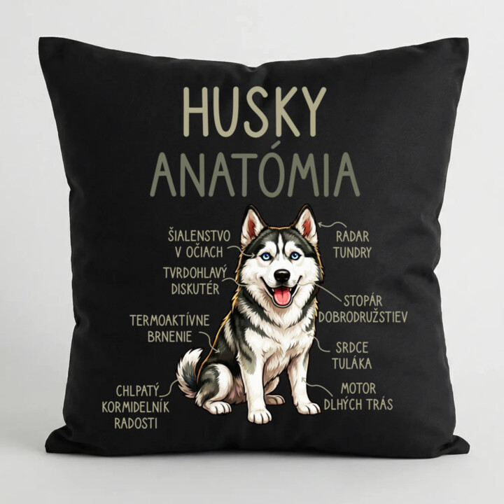Husky anatómia - čierny vankúš s potlačou
