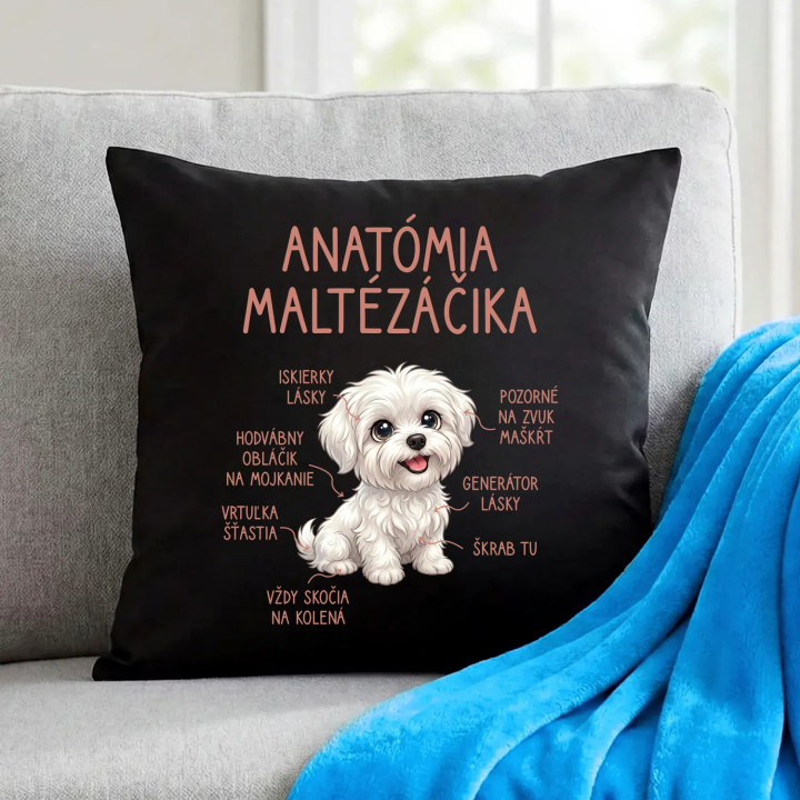 Anatómia maltézáčika - čierny vankúš s potlačou