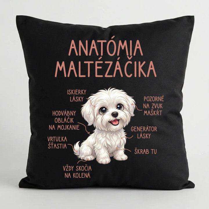 Anatómia maltézáčika - čierny vankúš s potlačou